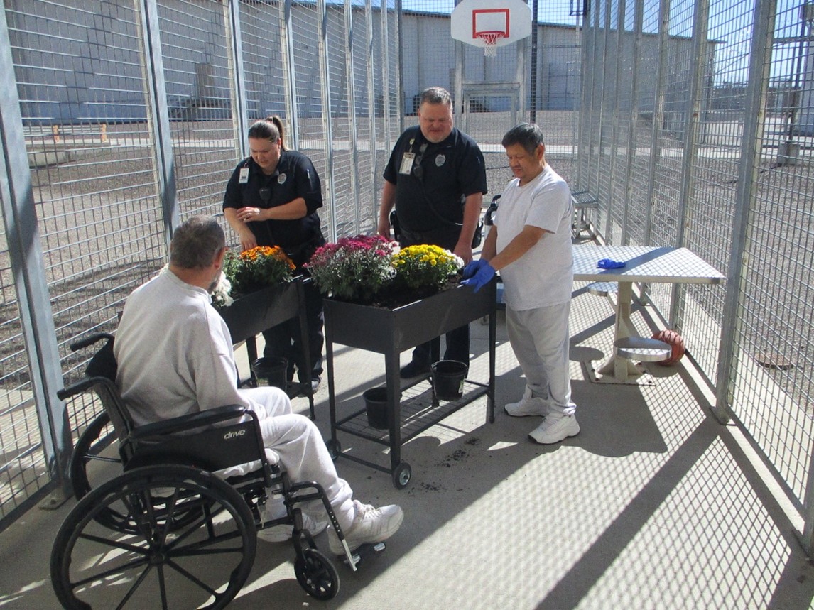 staff and incarcerated individuals with flowers and soil