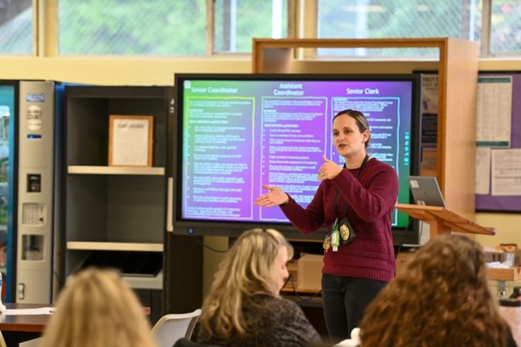 Therapeutic Communities Assistant Meghan Rose leads a class on Therapeutic Community training.