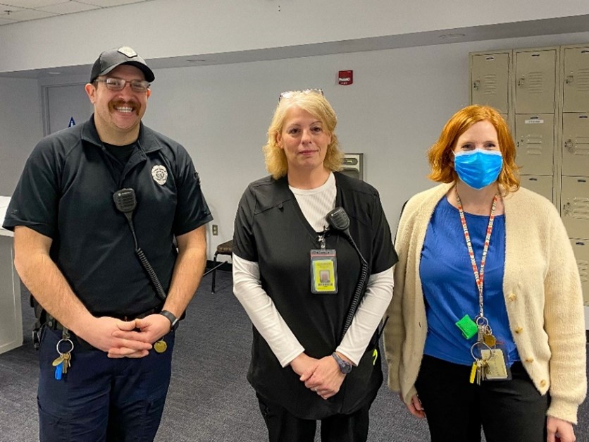 CO Matthew Cartmill, Lara Bryant, RN, and Dr. Kasey Gregory, FMD